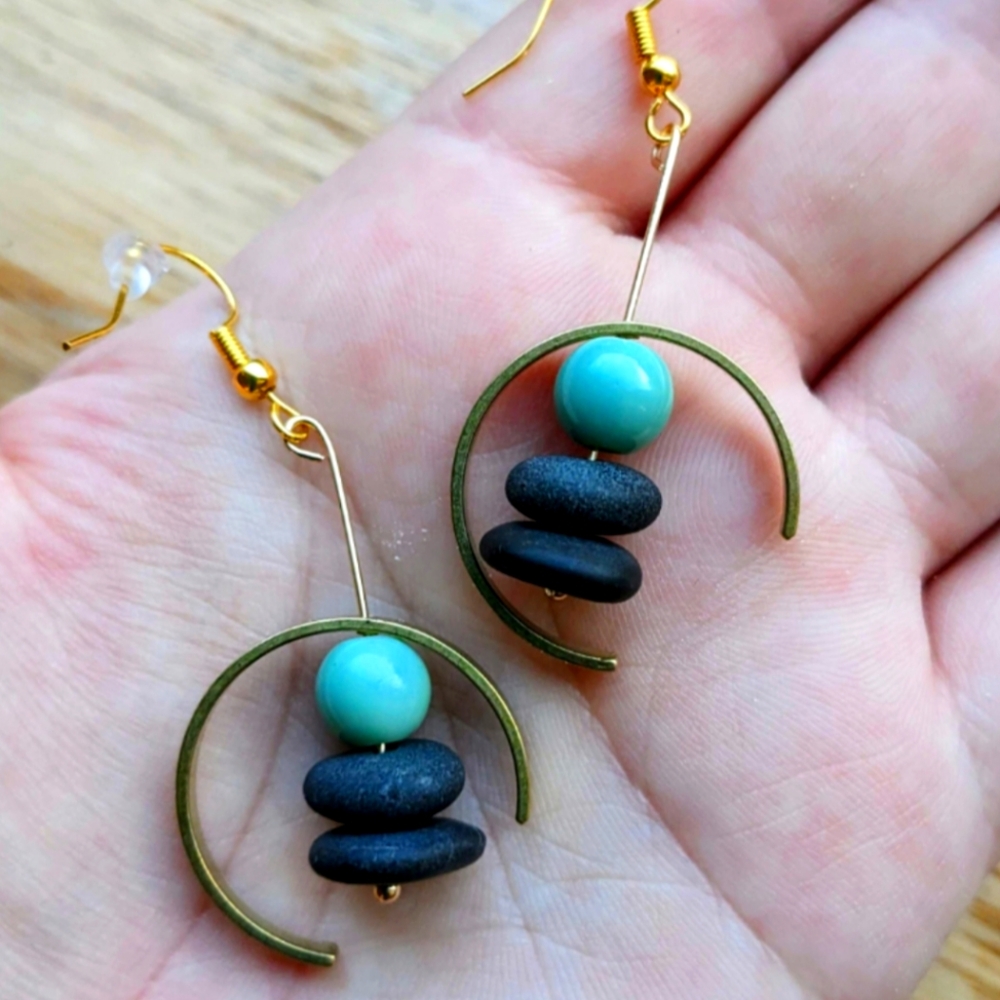 Semicircle-Framed Earrings with Jade and Beach Stones